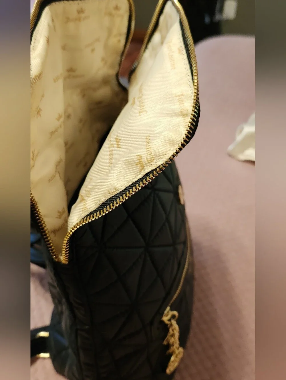Juicy Couture Black Quilted Small Medium Backpack Purse with Gold Accents